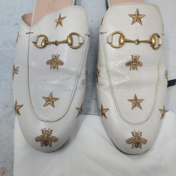 GUCCI Princetown Embroidered Bees Stars White Toe Horsebit Mule - Picture 6 of 13
